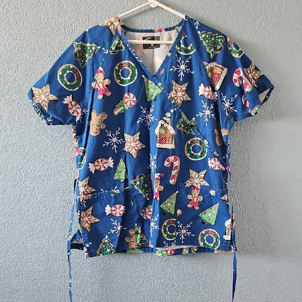Festive Blue Holiday Print Women's Scrub Top